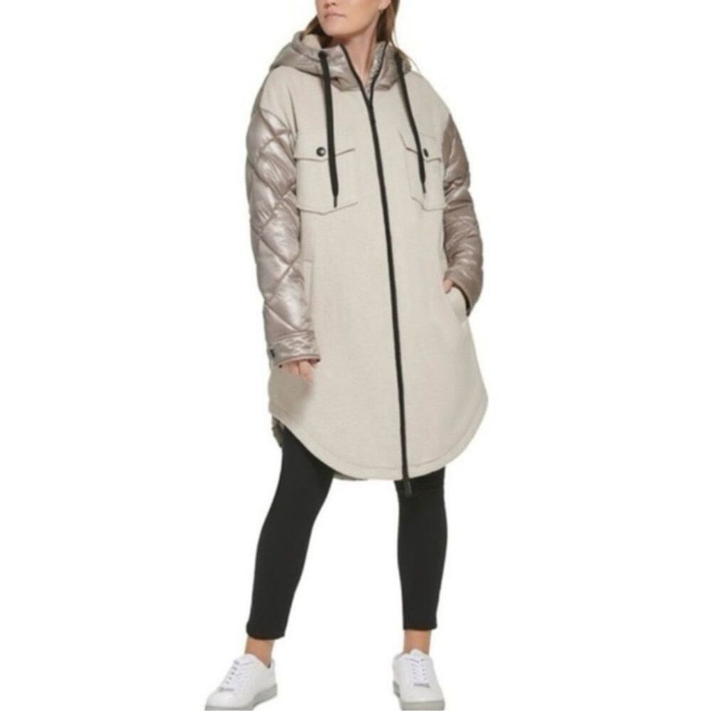 Calvin Klein Women's M Quilted Mixed Media Long Puffer Wool Blend Hooded Coat